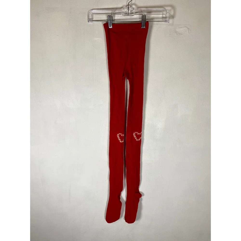 Kids Red Christmas Tights Candy Cane Heart Knit Footed Stockings Size 10-12